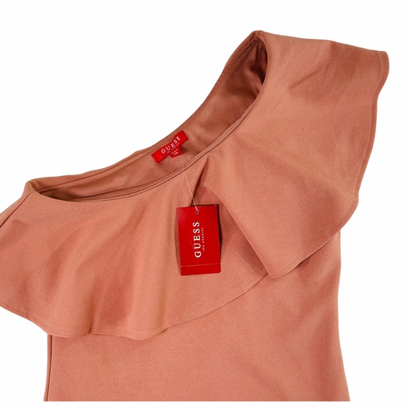 Guess Asymmetrical Dress One Shoulder Bella Satin Rose Peach - Picture 2 of 8